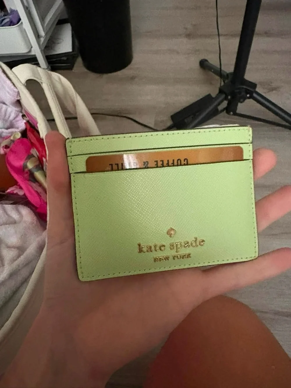 kate spade lime green leather cardholder with gold logo